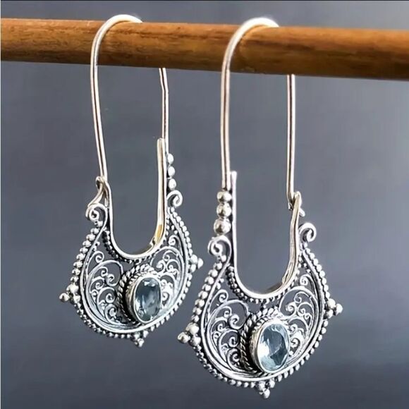Blue Zircon Sterling Silver Boho Ethnic Earrings - Picture 2 of 7